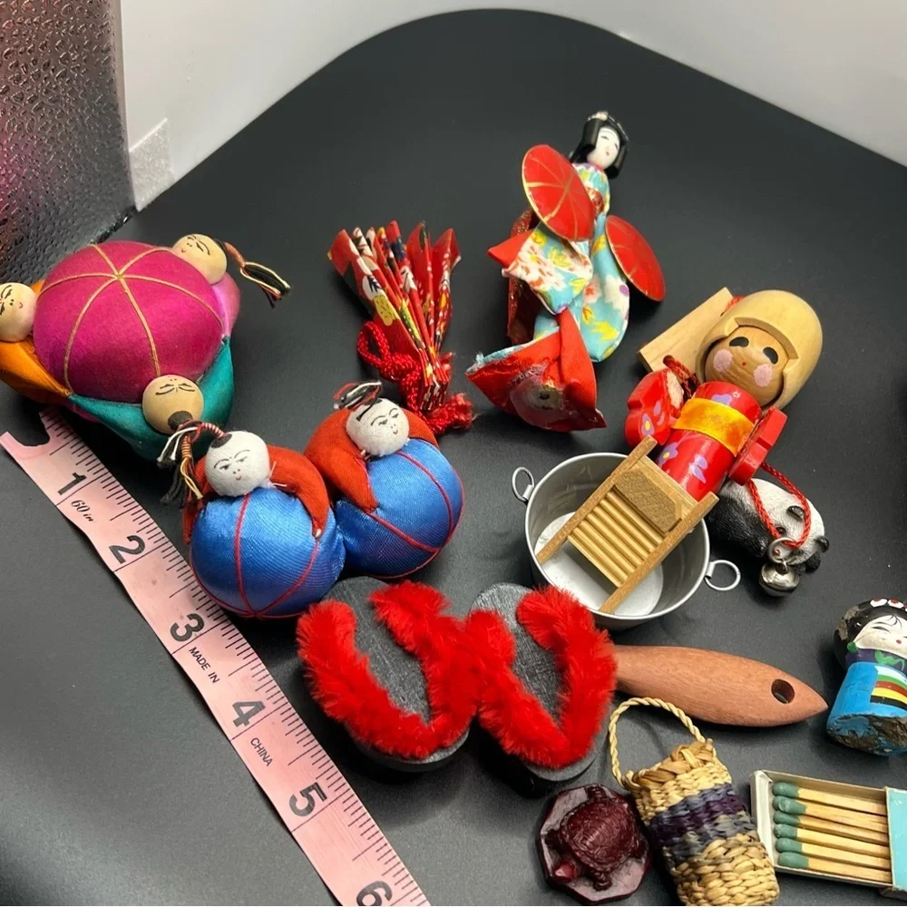 Miniature Japanese Dolls Ornaments Matches Lot Of Antique Charms Fan
